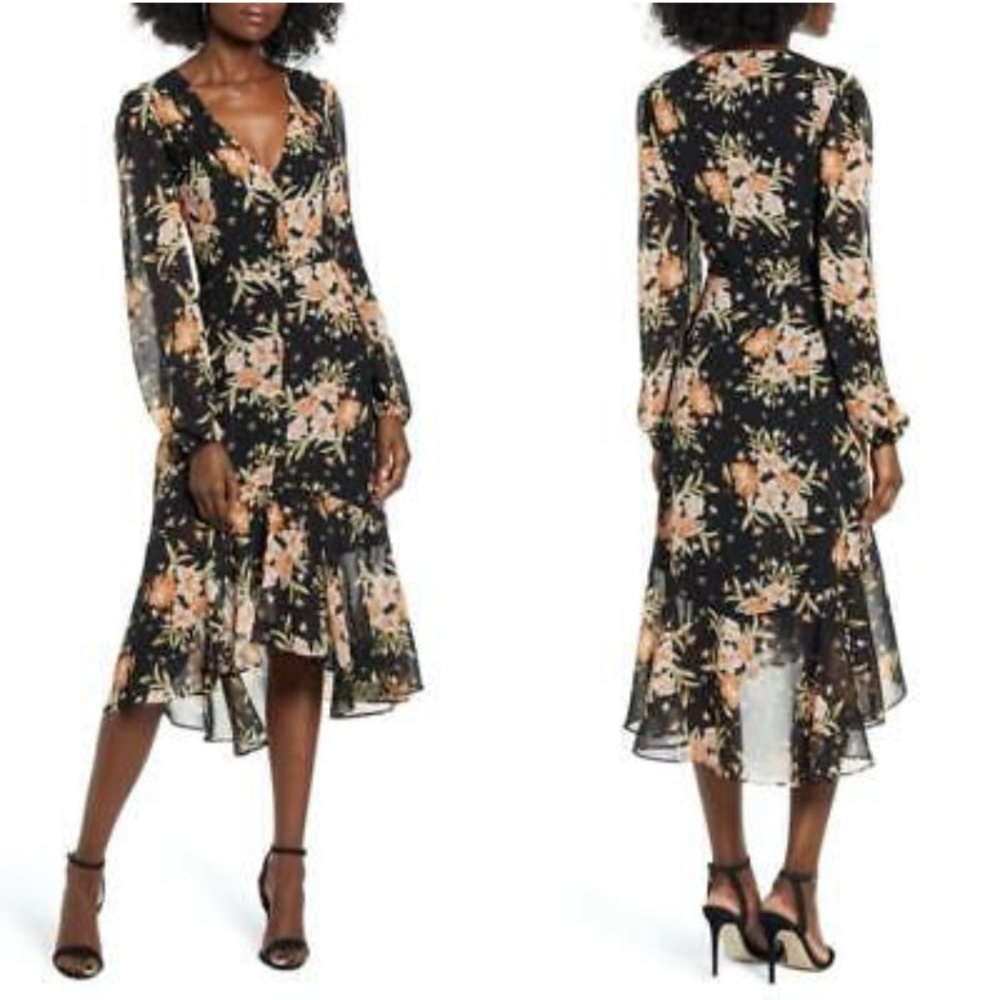 New! Leith Black Chiffon Floral Button Front Midi Dress. NWT Size L